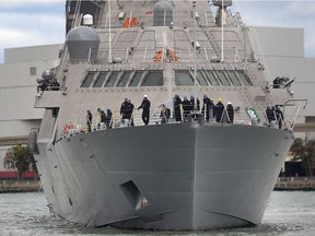 The USS Detroit gets set to dock at the Dieppe Park in Windsor on Oct. 24, 2016.