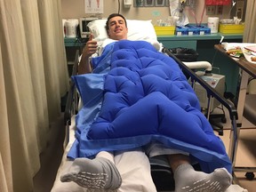 Luke Willson recovers after receiving arthroscopic surgery on his right knee in this handout photo.