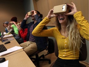 Alex Paulin tests out a VR headset during a class at St. Clair College in Windsor on Oct. 11, 2016.