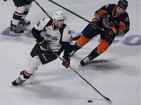 Windsor Spitfires Julius Nattinen handles the puck against the Flint Firebirds at the WFCU Centre in Windsor on Oct. 13, 2016.