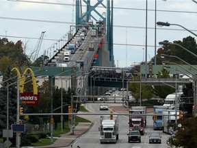 Traffic lanes are seen on the Ambassador Bridge in Windsor on Oct. 21, 2016.