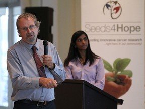 Dr. John Hudson and Dr. Sindu Kanjeekal (right) speak at a Seeds4Hope event at the Ambassador Golf Course in Windsor on Wednesday, October 26, 2016.