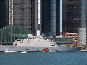 The USS Detroit arrives in Detroit, Mich., on Oct. 14, 2016 to start a two-week visit to Detroit and Windsor.