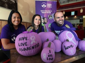 Janelle Martineau, left, clinic to community educator with the Epilepsy Support Centre, Judy Cartwright, Epilepsy Support Centre volunteer, and Scott Imeson, Epilepsy Support Centre volunteer announce the Purple Pumpkin Project.