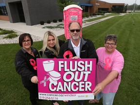 From left, Dorie Deslippe, Kelly Wigle, Karl Mroczkowski from Centerline Windsor, and Kelly O'Rourke, from the Canadian Cancer Society Windsor-Essex, launch the 2016 Flush Out Cancer campaign.