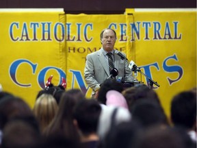 Windsor-Essex Catholic District School Board director of eduction Paul Picard speaks to Catholic Central students on Oct. 31, 2016 about the new high school that will be built on the Windsor Arena site in Windsor, Ont.