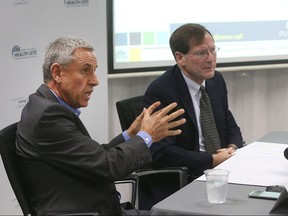 From left, Doug Sider, Medical director, Communicable Disease Prevention and Control, and  Dr. Gary M. Kirk  Windsor-Essex Health Unit Medical Officer of Health and CEO speak during a press conference in Windsor on Oct. 6, 2016.