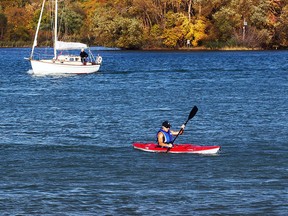 Evan Mascaro paddles his kayak across the Detroit River from Peche Island where he spent the afternoon walking trails Tuesday Nov. 1, 2016. Mascaro made his trip under ideal conditions with temperatures near record highs.
