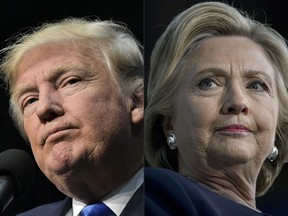 This combination of pictures created on November 07, 2016 shows Republican presidential nominee Donald Trump in Sioux City, Iowa on November 6, 2016 and Democratic presidential nominee Hillary Clinton in Detroit, Michigan on November 4, 2016. Hillary Clinton and Donald Trump launched into the frenzied final day of their historic fight for the White House Monday, with blow-out rallies in the handful of swing states that will decide who leads the United States.