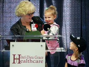 Hotel-Dieu Grace Healthcare and Bell Media launched their annual anti-bullying campaign on Friday, November 4, 2016, at the Tayfour campus in. Janice Kaffer, Hotel-Dieu Grace Healthcare president and CEO and her grandchildren Courtney Prentice, 2, and Allie Prentice, 6, are shown during the event.