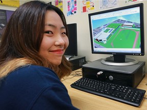 Hannah Cho, a Grade 12 student at Catholic Central School in Windsor, sits at her computer displaying  her 3D design proposal for the new high school, on Nov. 1, 2016.