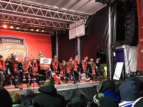 The LaSalle Sabrecats do their team rallying cry for the Cheer Like Never Before competition at the Rogers Hometown Hockey Tour stop in Windsor on Nov. 20, 2016.