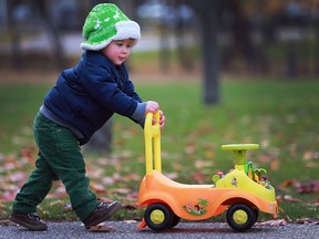 Noah Renaud, 2, had his winter cap and coat on for a walk with his grandfather in Brumpton Park on Tuesday, November 22, 2016. Temperatures were a bit closer to the seasonal average.