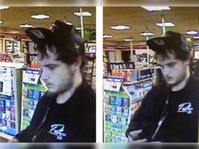 Security camera images of a man who tried to use a stolen credit card at a convenience store on Ottawa Street in Windsor. OPP believe the suspect was involved in theft from a motor vehicle in Lakeshore on Nov. 6, 2016.