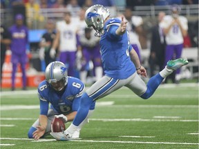 Detroit Lions kicker Matt Prater boots the game-winning field goal to beat the Minnesota Vikings in the closing seconds of an NFL game at Ford Field in Detroit, Mich., on Nov. 24, 2016.