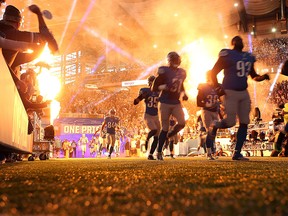 The Detroit Lions take the field to start of the NFL game between the Detroit Lions and the Minnesota Vikings at Ford Field.