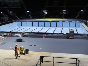 The indoor pool will be filled with water shortly at the WFCU Centre. Preparations continue for the 2016 FINA World Swimming Championships.