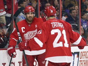 Detroit Red Wings' Henrik Zetterberg, left, celebrates his goal with Tomas Tatar during the third period against the Philadelphia Flyers, Wednesday, Nov. 2, 2016.