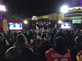 Windsor hockey fans cheer in front of the Sportsnet mobile studio at the Riverfront Festival Plaza as part of the Rogers Hometown Hockey Tour on Nov. 20, 2016.