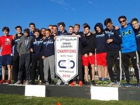Members of the Holy Names Knights' boys cross-country team celebrate after winning gold at OFSAA on Nov. 5, 2016.