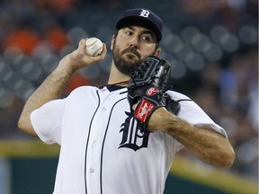 Pitcher Justin Verlander #35 of the Detroit Tigers delivers against the Los Angeles Angels of Anaheim during the first inning at Comerica Park on August 26, 2015 in Detroit, Michigan.