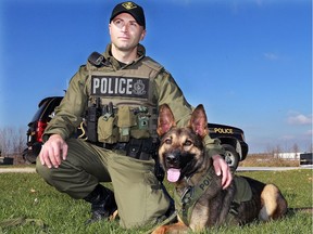 Ontario Provincial Police Const. Milan Matovski and his partner, Maximus, were introduced to the media on Nov. 16, 2016 at the Essex County main detachment.