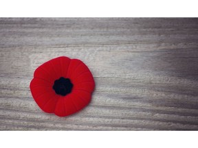 Remembrance Day poppy on wood. Photo by Getty Images.