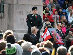 A large crowd is shown during a Remembrance Day ceremony at the downtown Windsor, ON. Cenotaph on Friday, November 11, 2016.