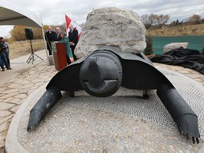 A large turtle sculpture is shown at the opening of the Herb Gray Parkway Trail in Windsor, ON. on Wednesday, November 9, 2016. The huge rock on the back of the turtle was dug up during the construction of the parkway.