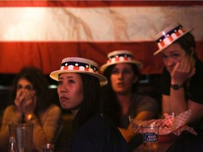 Supporters of Democratic presidential candidate Hillary Clinton react to televised returns of the U.S. presidential election at the Comet Tavern in Seattle, Wash. on Nov. 8, 2016.