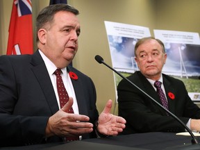 The Windsor-Detroit Bridge Authority held a news conference on Nov. 10, 2016, to discuss the request for proposals related to the Gordie Howe International Bridge. Interim chair of the WDBA's board of directors, Dwight Duncan, left and president and CEO, Michael Cautillo are shown during the event.