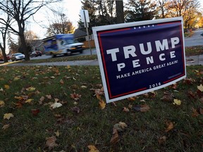 A Trump Pence sign is seen on a lawn in Birmingham, Mich., following the election on Wednesday, November 9, 2016.