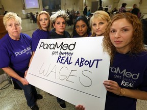 SEIU bargaining committee members Linda Everett, left, Lucy Chamulova, Stephanie Smallman, Sheena Treminio, Suzanne Churchill and Virginia Mannina launch the ParaMed Get Real About Wages campaign during a support meeting at Fogolar Furlan Club Nov. 28, 2016.