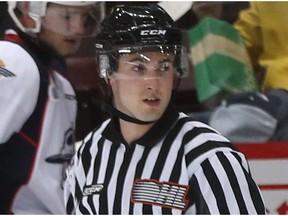 OHL official Mitch Dunning works a Spitfires preseason game in 2015.