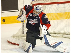 Windsor Spitfires' goalie Mike DiPietro's 45-save performance on Oct. 6, 2017, carried the Spitfires to a 2-1 road win over the Guelph Storm at the Sleeman Centre.