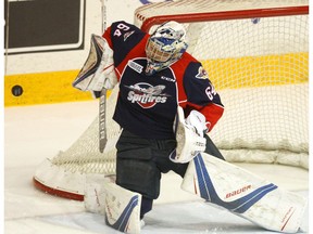 Windsor Spitfires' goalie Michael DiPietro blocks a shot against the Peterborough Petes during OHL action on Nov. 24, 2016 at the Memorial Centre in Peterborough.