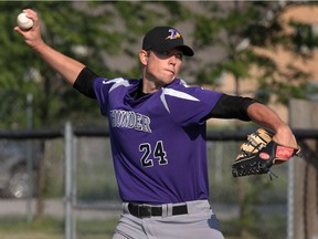 Tecumseh's Joel Pierce delivers a pitch during a game on June 14, 2013, at the Lacasse Park in Tecumseh, Ont. Pierce was named the OBA’s pitcher of the year for 2016.
