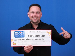 Michael Plante of Tecumseh won $100,000 with Encore in the Dec. 2, 2016 Lotto Max draw. He surprised his wife with the news and recorded her reaction.