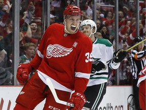 Detroit Red Wings right wing Anthony Mantha celebrates his goal against the Dallas Stars in the second period of an NHL hockey game on Nov. 29, 2016 in Detroit.