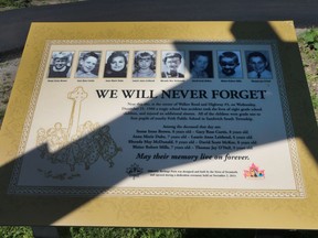 The 50th anniversary of the bus crash in Oldcastle that killed eight children is on Dec. 21, 2016. A memorial plaque is shown at Walker Road and Highway 3 where the accident occurred in 1966.