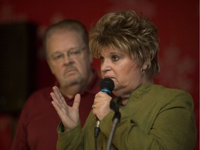 Mimi Riberdy, 67, and her husband Hank Riberdy speak at a town hall meeting for cancer patients who received diluted chemotherapy at Moose Lodge in Windsor on Dec. 4, 2016.