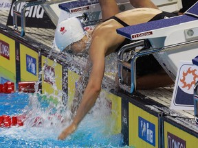 Canada's Sandrine Mainville gets set to race in the 100-metre freestyle at the 2016 FINA World Swimming Championships on Dec. 7, 2016, at the WFCU Centre in Windsor.