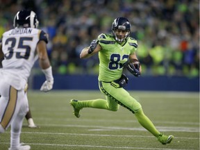 Tight end Luke Willson of the Seattle Seahawks turns upfield against the Los Angeles Rams at CenturyLink Field on Dec. 15, 2016 in Seattle. Willson, from LaSalle, scored the game's first touchdown.