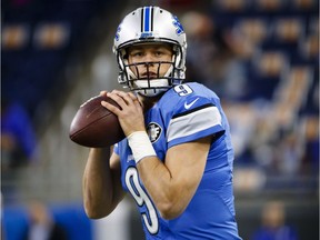 In this Sunday, Dec. 11, 2016 file photo, Detroit Lions quarterback Matthew Stafford (9) warm up prior to the team's game against the Chicago Bears at Ford Field in Detroit.