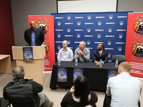 Windsor Express head coach Bill Jones, left, Windsor Lancers men's basketball coach Chris Oliver, University of Windsor athletic director Mike Havey and Windsor Express president and CEO Dartis Willis during a news conference announcing the Clash at the Colosseum 4 at Caesars Windsor on Dec. 7, 2016.