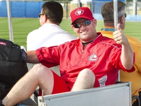 Canadian coach"Stubby Clapp at batting practice prior to the start of Canada's baseball game against Nicaragua at the Pan American Games in Toronto on July 13, 2015.