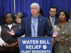 Michigan Gov. Rick Snyder speaks after attending a Flint Water Interagency Coordinating Committee meeting in Flint, Mich. on Feb. 26, 2016.