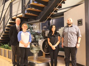 From left, Robert Chittim, Pauline Walsh, Nour Hachem and Peter Trojniak are shown in St. Clair College’s Ford Centre for Excellence in Manufacturing. - Ashley Ann Mentley