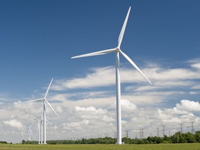 A cluster of wind turbines generate power for Ontario.