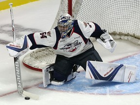 Spitfires goalie Michael DiPietro, seen here in goal on Dec. 29, 2016, made 33 saves to help Windsor edge the Niagara IceDogs 2-1 on Jan. 21, 2017 at the WFCU Centre.